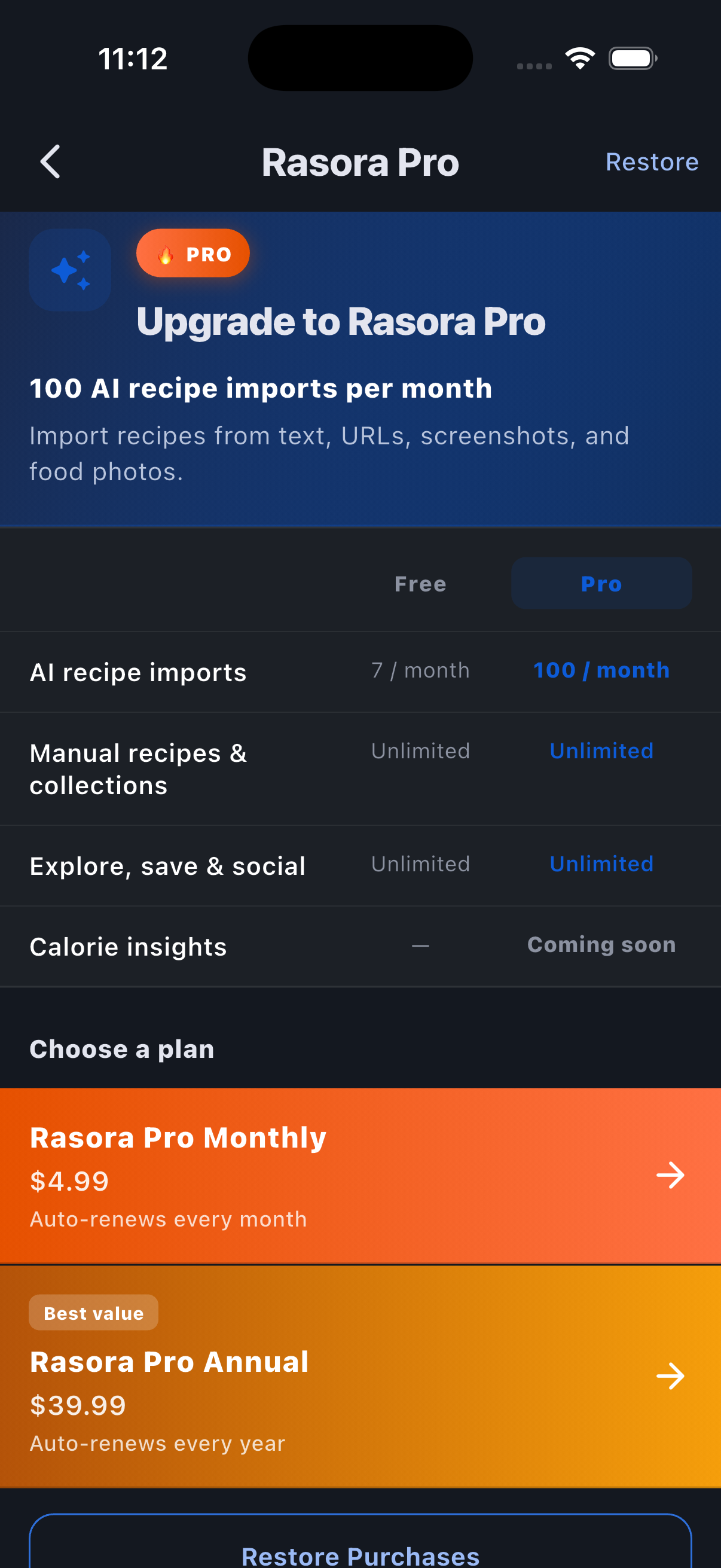 Rasora nutrition and Pro features screen
